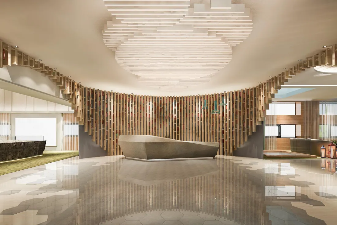 A crafted timber-lined interior with a sculptural stone bench